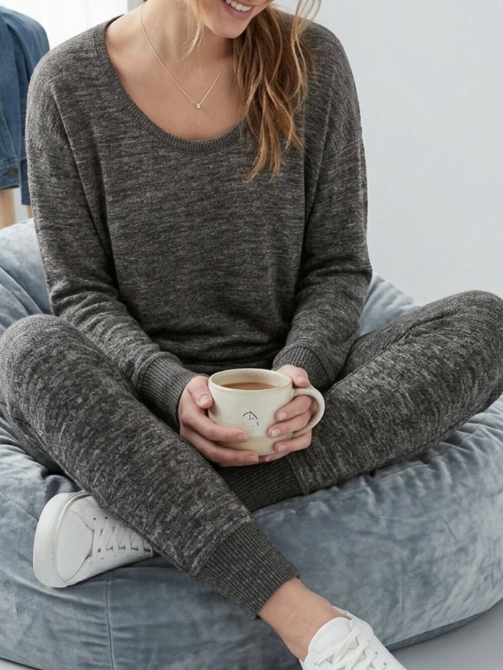 GAP Charcoal Gray Marled Knit Loungewear Set Slouchy Pullover & Pants Size S